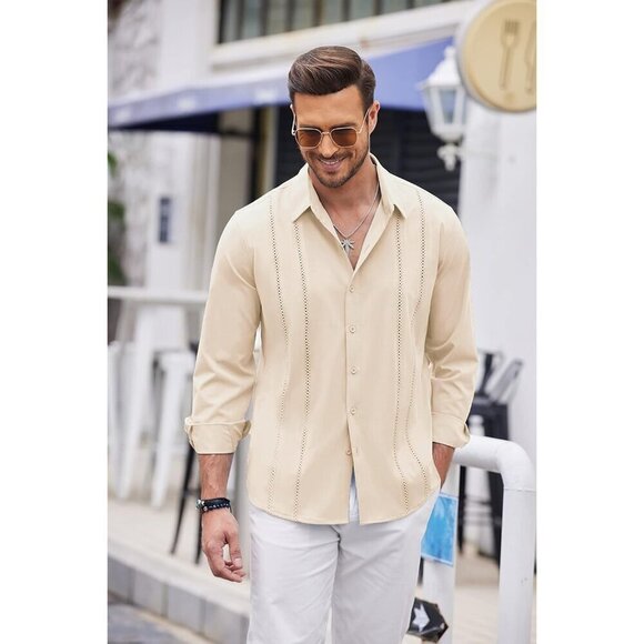 ❤️Mens Cream Cuban Shirt Casual Button Down Shirts Long Sleeve Beach Shirts - Picture 4 of 7